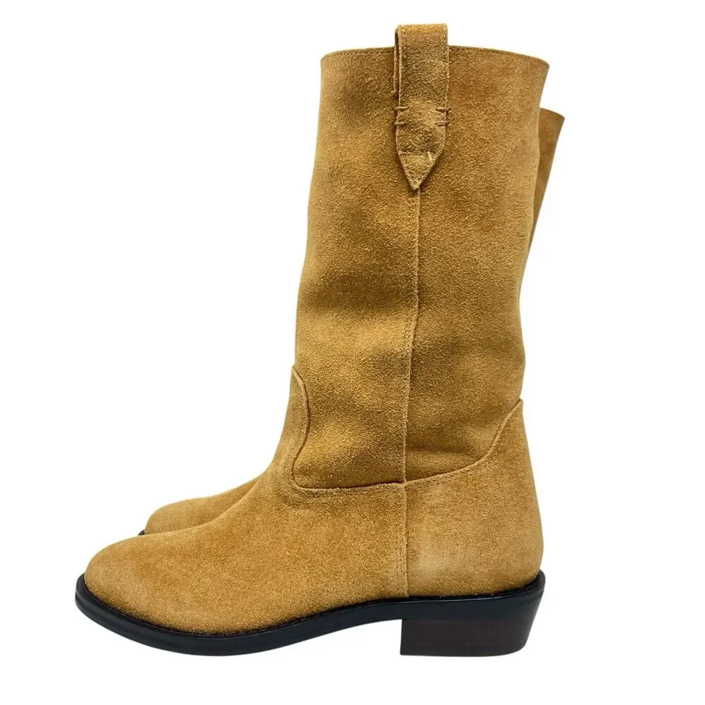J Crew Tan Suede Mid Calf Pull On Western Boots‎ Leather Luxury Womens 7